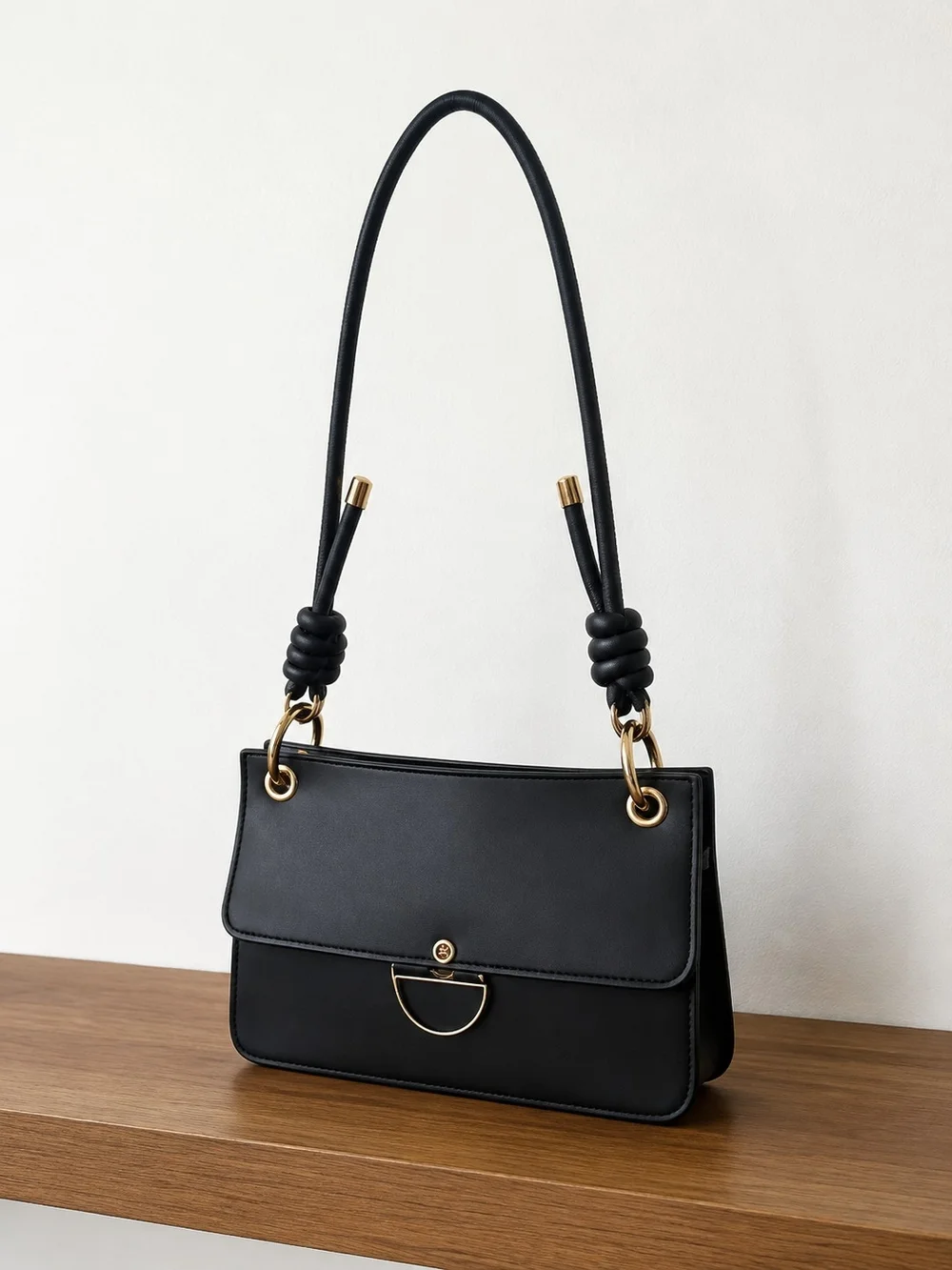 Compact Black Shoulder/Crossbody Bag with Gold Accent Hardware